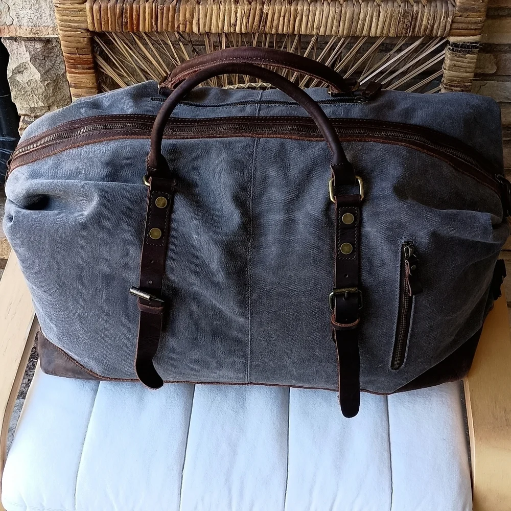 S-ZONE WASH GRAY CANVAS BROWN LEATHER LRG DUFFEL BAG WEEKENDER TRAVEL LUGGAGE